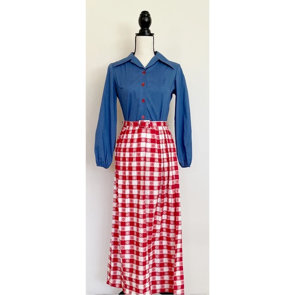 Vintage Dresses & Skirts - Vintage 70s Gingham Plaid Maxi Shirt Dress